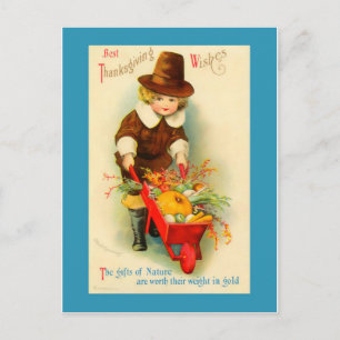 Thanksgiving Vintage Pilgrim Boy & Wheelbarrow Holiday Postcard