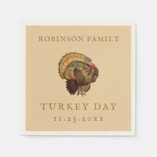 Thanksgiving Vintage Turkey Custom Family Name Napkin (Front)