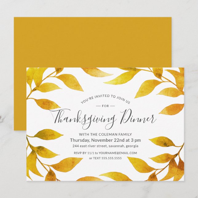 Thanksgiving Watercolor Autumn Gold Willow Wreath Invitation (Front/Back)