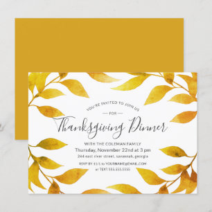 Thanksgiving Watercolor Autumn Gold Willow Wreath Invitation