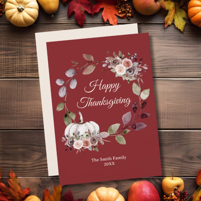 Thanksgiving Watercolor Burgundy Roses Flat Holiday Card (Creator Uploaded)