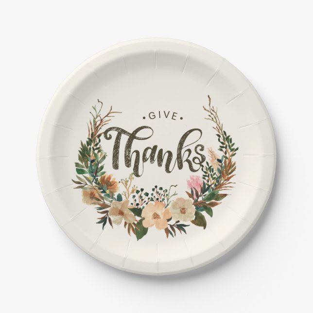 Thanksgiving Watercolor Fall Floral Boho Wreath Paper Plate (Front)