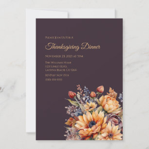 Thanksgiving-Watercolor Fall Flowers-Purple- Invitation