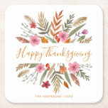 THANKSGIVING WATERCOLOR FALL FOLIAGE PAPER COASTER<br><div class="desc">Custom Thanksgiving Dinner Paper Coasters.  Festive fall foliage in boho motif with watercolor leaves and bright flowers.  Click Customise to change the text or background colour.</div>