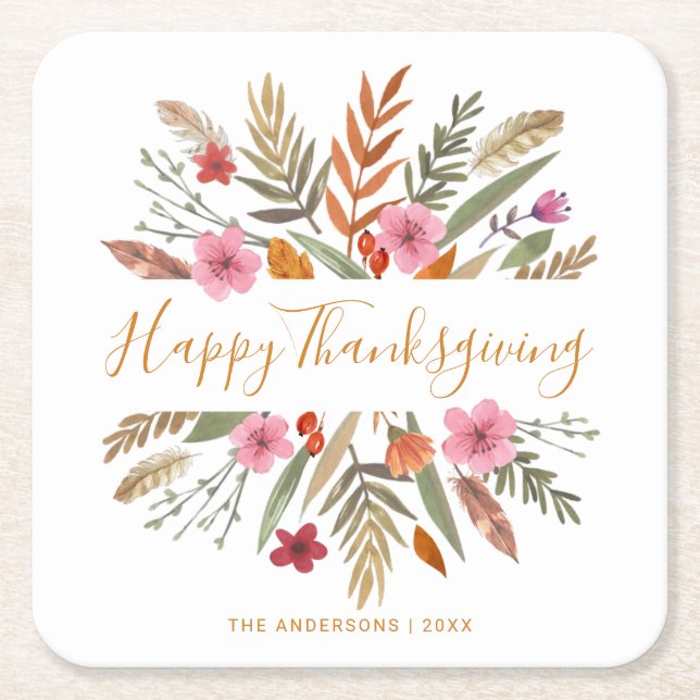 THANKSGIVING WATERCOLOR FALL FOLIAGE PAPER COASTER (Front)