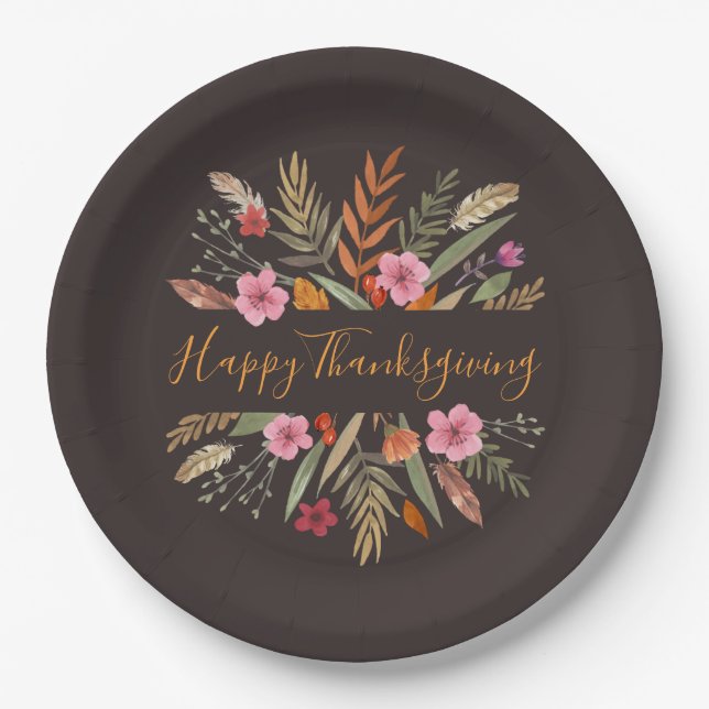 THANKSGIVING WATERCOLOR FALL FOLIAGE PAPER PLATES (Front)