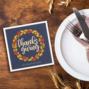 Thanksgiving Watercolor Fall Wreath Navy Blue Napkin