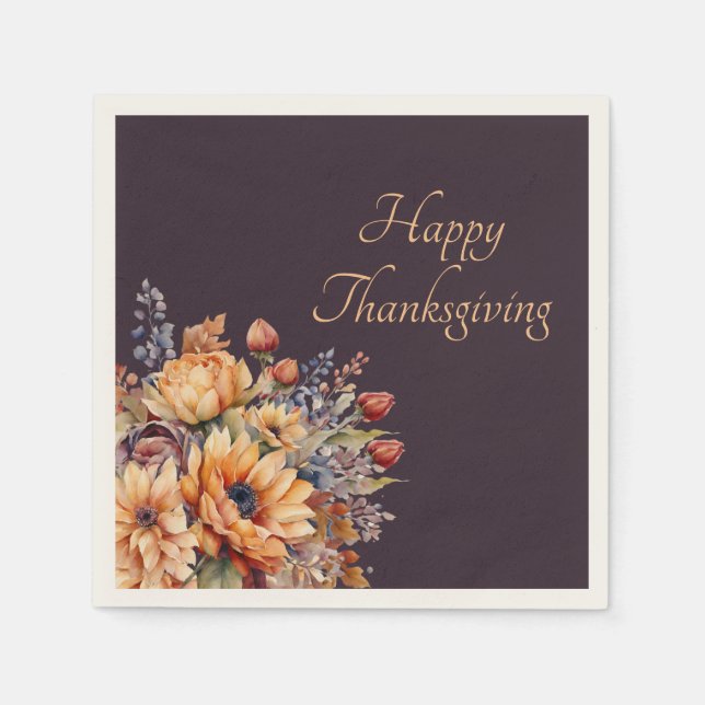 Thanksgiving-Watercolor Flowers-Purple- Napkin (Front)