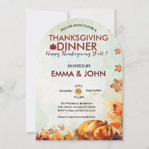 Thanksgiving Watercolor Leaves Fall Autumn Turkey  Invitation