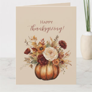 Thanksgiving-Watercolor Pumpkin and Flowers- Card