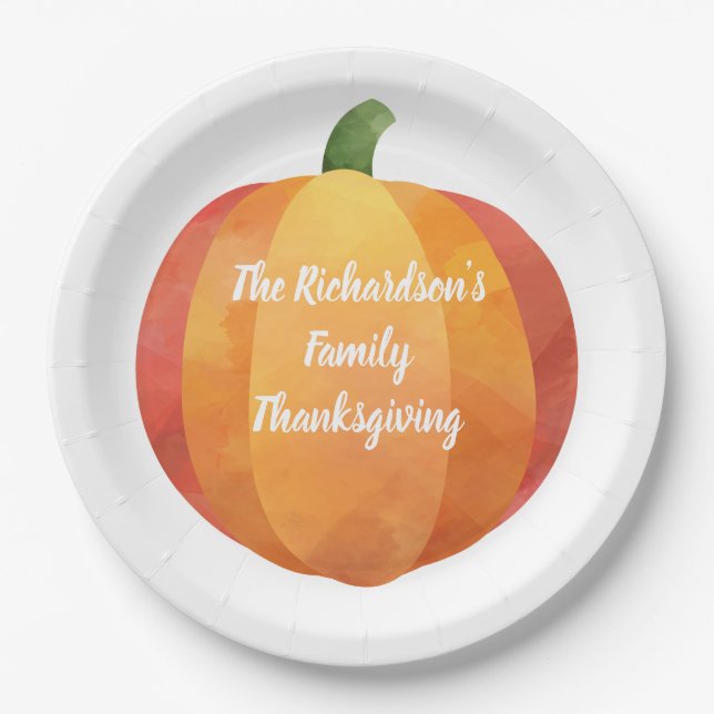Thanksgiving Watercolor Pumpkin Custom Paper Plate (Front)