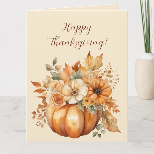 Thanksgiving-Watercolor Pumpkin Floral Design- Card (Front)