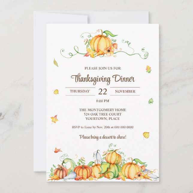 Thanksgiving Watercolor Pumpkin Vines Party Invitation (Front)