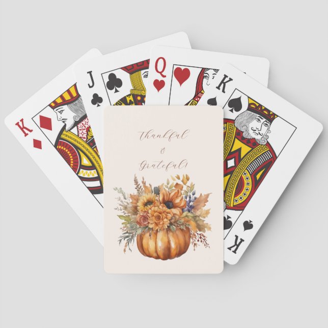 Thanksgiving-Watercolor Pumpkin with Flowers- Playing Cards (Back)