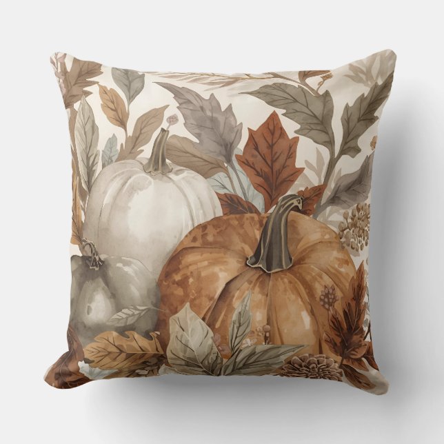 Thanksgiving,Watercolor Pumpkins and Leafs Pattern Cushion (Front)