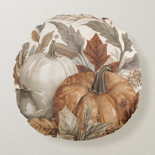 Thanksgiving,Watercolor Pumpkins and Leafs Pattern Round Cushion (Front)