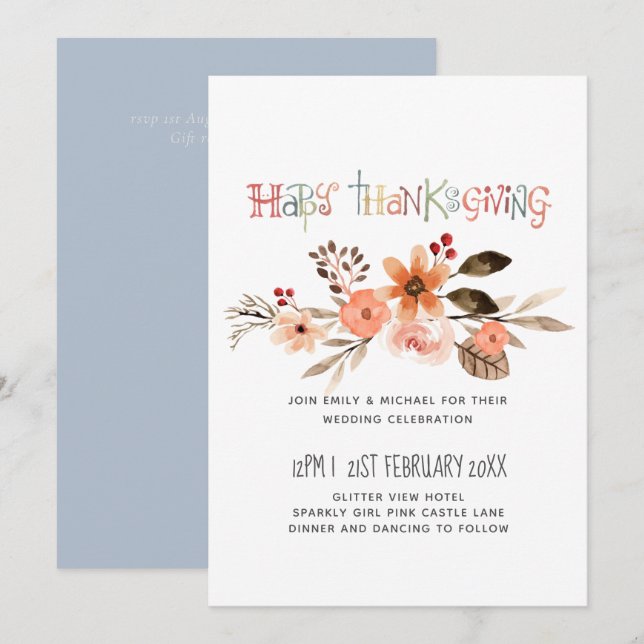 Thanksgiving Wedding Invitations Dusty Blue Orange (Front/Back)