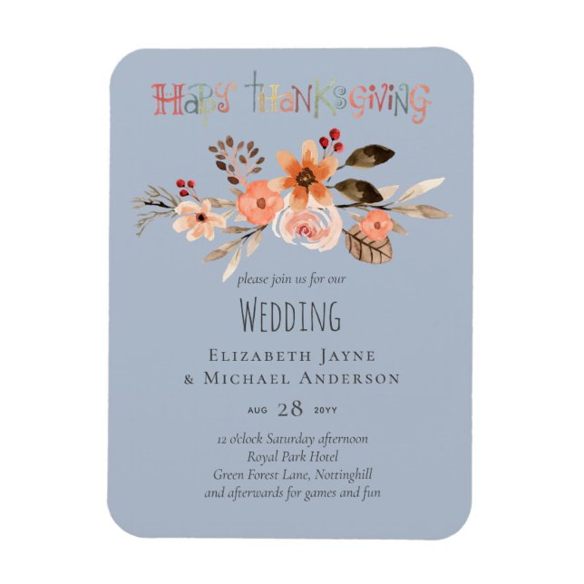 Thanksgiving Wedding Invitations Dusty Blue Orange Magnet (Vertical)