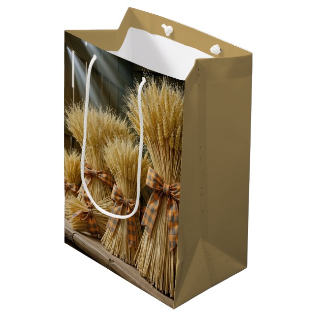 Thanksgiving Wheat Bundles Tied With Plaid Ribbon Medium Gift Bag (Front Angled)