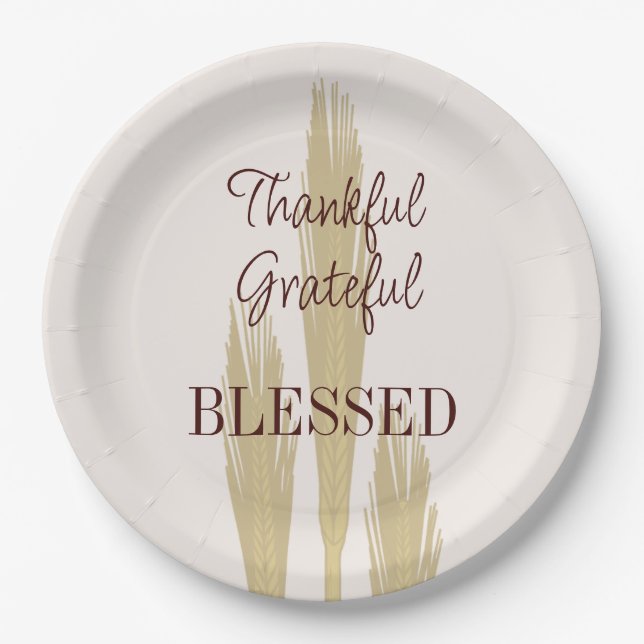 Thanksgiving Wheat Thankful Grateful Blessed 9" Paper Plate (Front)