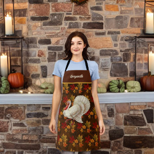 Thanksgiving White Turkey Autumn Leaves Monogram Apron