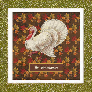 Thanksgiving White Turkey Autumn Leaves Monogram Napkin