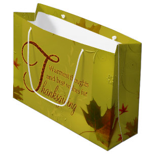 Thanksgiving Wishes Typography Leaves Large Gift Bag