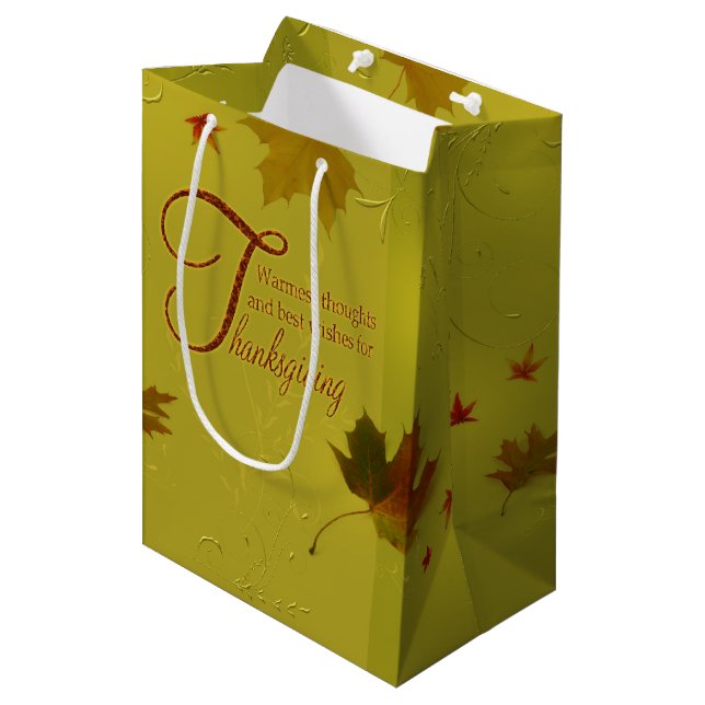 Thanksgiving Wishes Typography Leaves Medium Gift Bag (Front Angled)