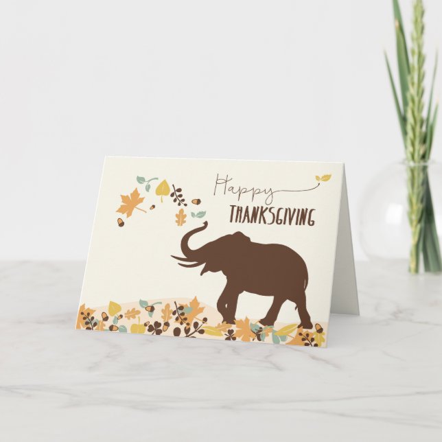 Thanksgiving with Joyful Elephant and Leaves Holiday Card (Front)