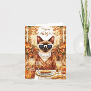 Thanksgiving with pumpkin and flower for cat lover holiday card