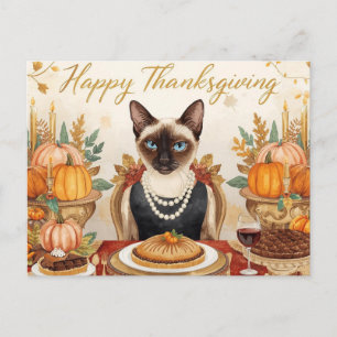 Thanksgiving with pumpkin and flower for cat lover holiday postcard
