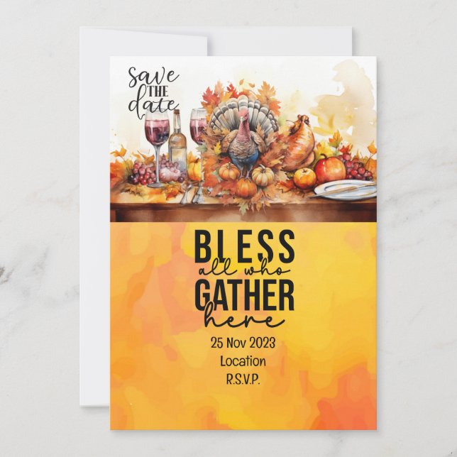Thanksgiving  with Turkey save the date invitation (Front)
