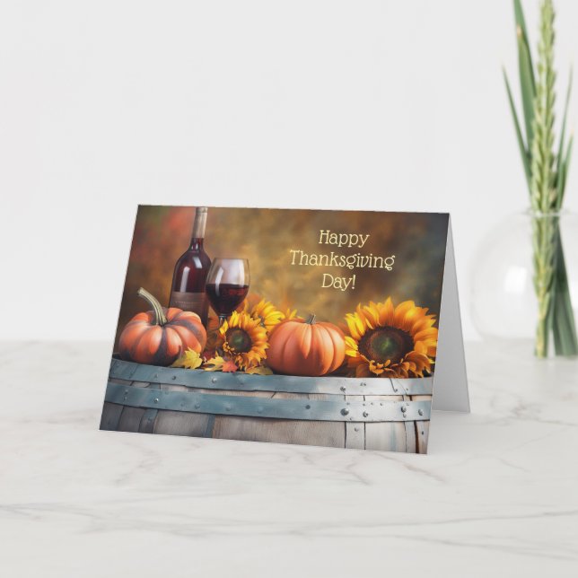 Thanksgiving with Wine Pumpkins Sunflowers Wine Holiday Card (Front)