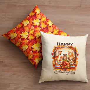Thanksgiving Woodland Animals Autumn Leaves Cushion