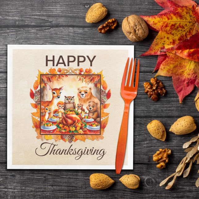 Thanksgiving Woodland Animals Autumn Leaves Napkin (Creator Uploaded)