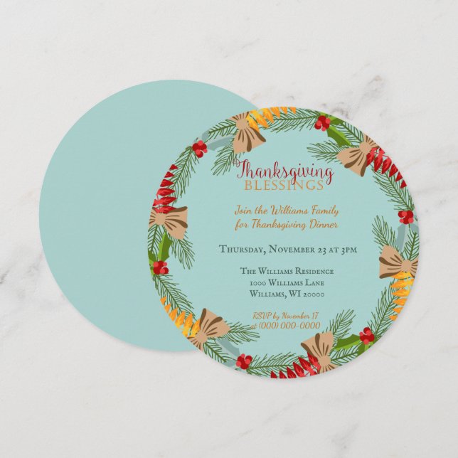 Thanksgiving Wreath Blue Invitation (Front/Back)