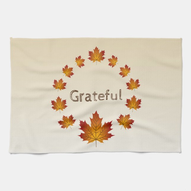 Thanksgiving Wreath Grateful Simple Maple Leaves Tea Towel (Horizontal)