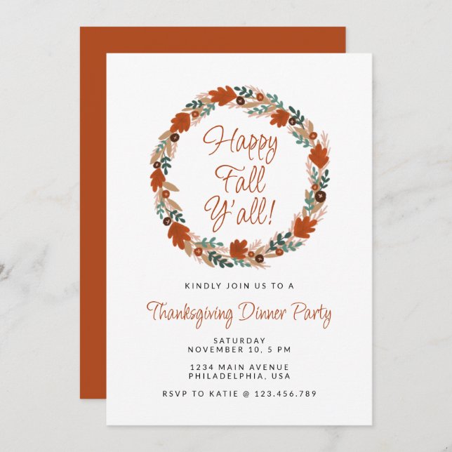 Thanksgiving Wreath Happy Fall Y’all Dinner Invitation (Front/Back)