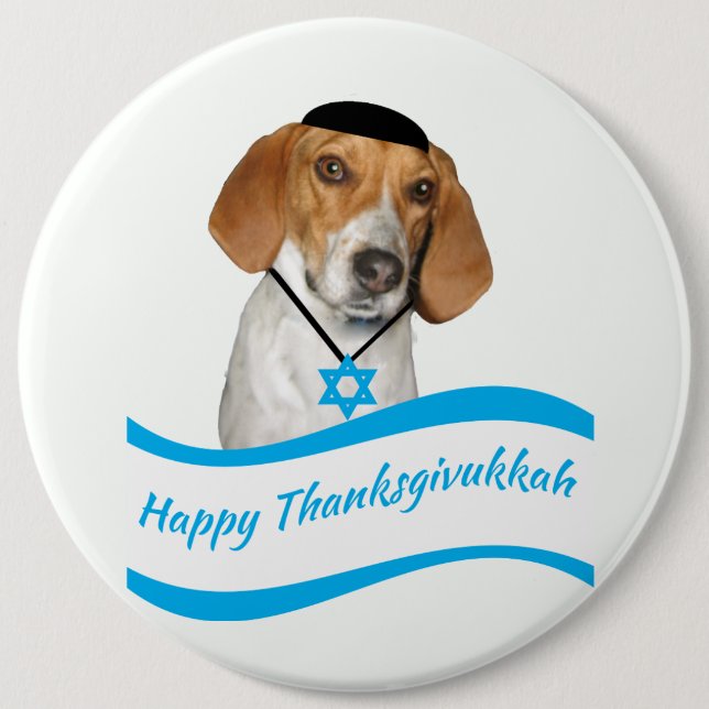Thanksgivukkah Button Funny Hound Dog with Yamaka (Front)