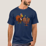Thanksgivukkah Customisable T-shirt<br><div class="desc">That's right... this year, Hanukkah falls on Thanksgiving! Which, according to one analysis of the Jewish and Gregorian calendars, won’t happen again for more than 75, 000 years!! Commemorate this rare once-in-a-lifetime occurrence with this classic Thanksgivukkah t-shirt, featuring a funny cartoon turkey lighting the first candle on the Menorah. The...</div>