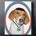 Thanksgivukkah Funny Hound Dog with Yamaka Plaque<br><div class="desc">An adorable rescue hound named "Charley" is featured wearing a yamaka and star of david necklace in this humourous photo image Thanksgivukkah design by artist c.a.teresa, Thanksgivukkah is the combined Jewish holiday of Hanukkah and Thanksgiving which will be falling on the same day this year. Celebrate this joyful event with...</div>