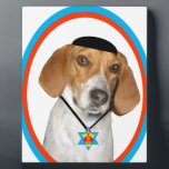 Thanksgivukkah Funny Hound Dog with Yamaka Plaque<br><div class="desc">An adorable rescue hound named "Charley" is featured wearing a yamaka and star of david necklace in this humourous photo image Thanksgivukkah design by artist c.a.teresa, Thanksgivukkah is the combined Jewish holiday of Hanukkah and Thanksgiving which will be falling on the same day this year. Celebrate this joyful event with...</div>