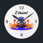 Thanksgivukkah Wine Toasting Turkeys Clock<br><div class="desc">A funny Thanksgivukkah design on a wall clock and multiple products and giftware featuring an original design by c.a.teresa of two wine toasting turkeys, one wearing a yamaka, with a menorah, Star of David to celebrate the combined Thanksgiving and Hanukkah Jewish Holiday. All products can be customised with different styles...</div>