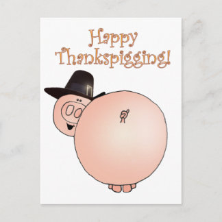 "Thankspigging" Funny Cartoon Pig Thanksgiving Holiday Postcard