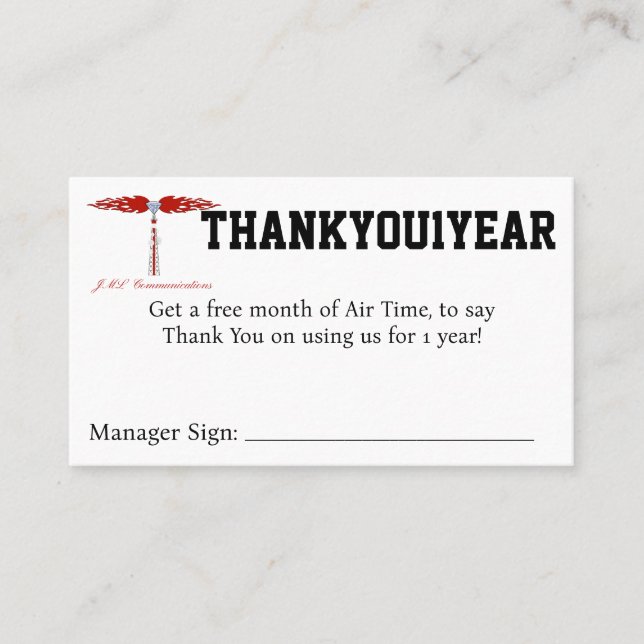 THANKYOU1YEAR Coupon Business Card (Front)