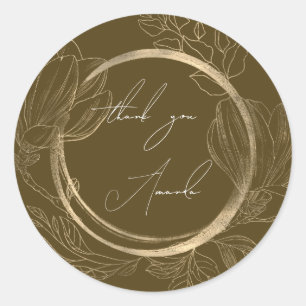 ThankYou Name Floral Brown Gold Wedding Bridal Classic Round Sticker