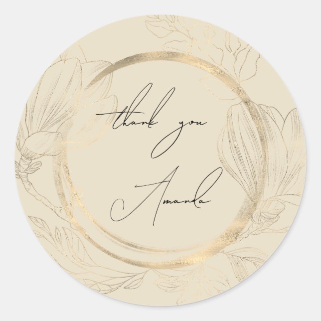 ThankYou Name Floral Mustard Gold Wedding Bridal  Classic Round Sticker (Front)