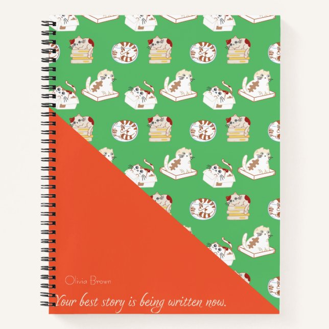 That Cat Life Cat Pattern Red Green with Name Notebook (Front)