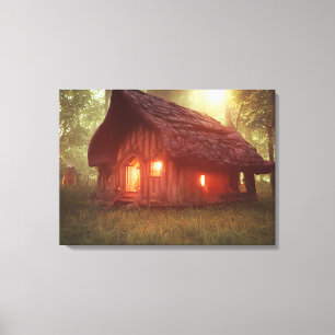 THATCHED COTTAGE CABIN FANTASY ART WRAPPED CANVAS
