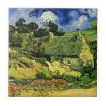 Thatched Cottages, Cordeville by Vincent van Gogh Tile<br><div class="desc">Thatched Cottages at Cordeville by Vincent van Gogh is a vintage fine art post impressionism architectural painting featuring a row of thatched roof houses in a local village with a beautiful white swan or goose type bird. About the artist: Vincent Willem van Gogh was a Post Impressionist painter whose work...</div>